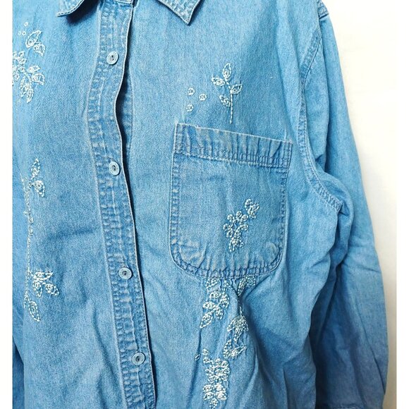Embroidered Denim Button-Up Shirt With Floral Accents By Passion-I XL - Picture 2 of 7